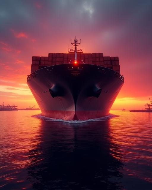 Global logistics harbor at twilight with cargo ships